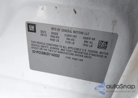 2013 Chevrolet Cruze 1Lt Auto из США, поврежденный, VIN 1G1PC5SB6D7142022